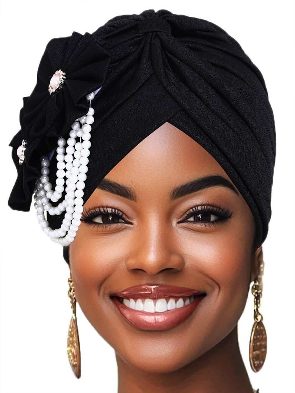 5994 Pearl Flower African Hats Pre-Tied Turbans Stretchy Twisted Church